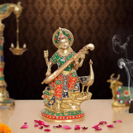 Brass Saraswati Maa Goddess of Knowledge and Music Idol (Height 15 Inch)
