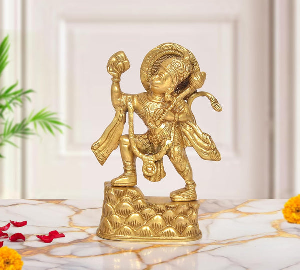 Brass Anjaneya Pavan Putra Bajrangbali Hanuman JI with Mountain Murti (Height: 8 Inch)