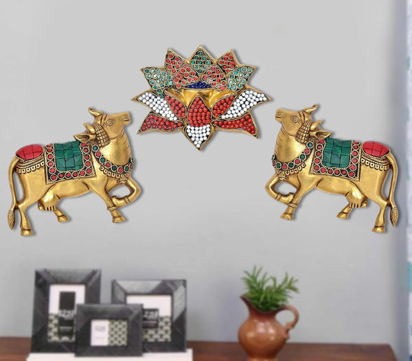 Brass Kamdhenu Cow with Lotus Flower Wall Hanging for Home Decor and Ofice Wall Decor Vastu Pooja Figurine | Pack of 3| (Height:5 inch) (Multicolor Kamdhenu Cow with Lotus Flower 1)