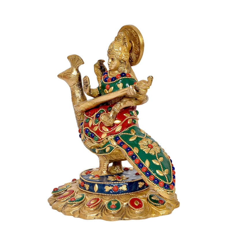 Brass Goddess Saraswati Sitting On Swan Devi of Study Maa Saraswati for Home Decor Mandir pooja (Height: 7 Inch)