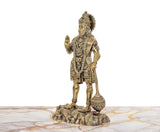 Brass Hanuman Ji standing statue, side profile with flowing ornaments and mace