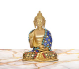 Brass Buddha statue with blue jeweled robe and Abhaya hand gesture, 6.5-inch