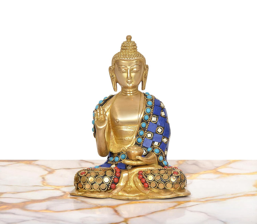 Brass Abhaya Mudra Buddha Idol (Height: 6.5 Inch) Craft Detail