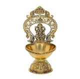Gold brass Ganesh diya oil lamp, engraved arch and flared bowl, 5.5 inch