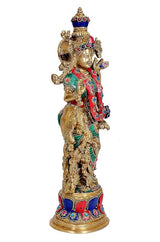 Brass Radha Rani idol (15 in) front-side angle, detailed face and crown ornaments