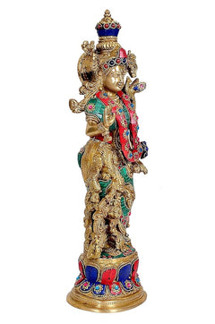 Brass Radha Rani idol (15 in) front-side angle, detailed face and crown ornaments