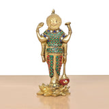 Standing Vishnu idol base with red-and-blue accents on lower robe, gold tone