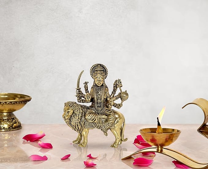 Messing-Durga-Statue auf Löwen, vier Arme, Götterfigur für Heimtempel