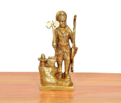 Brass Parshuram murti statue, front view with axe on shoulder and vertical staff