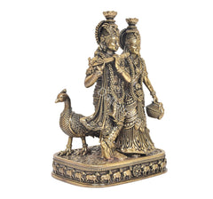 Brass Radha Krishna statue with peacock companion, Krishna raising flute hand