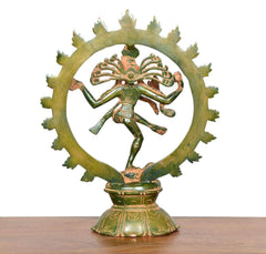 Brass Shiva Nataraj dancing figurine with flame-like halo spikes and circular ring