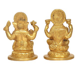 Back view brass Ganesha and Lakshmi idol statues, seated on lotus bases