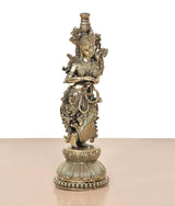 Superfine Brass Radha murti statue, three-quarter view with patterned jewelry and arm pose