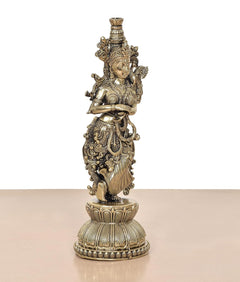 Superfine Brass Radha murti statue, three-quarter view with patterned jewelry and arm pose