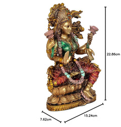 Lakshmi resin idol size diagram, seated statue, 22.86cm tall, 15.24cm wide