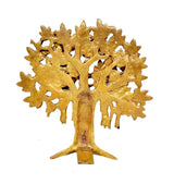 Golden brass Kalpavriksha tree figurine, close view of carved leaves and trunk