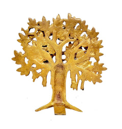 Golden brass Kalpavriksha tree figurine, close view of carved leaves and trunk
