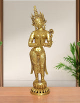 Namaste Standing Tara brass murti, front, 30-inch golden statue