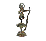 Brass Krishna dancing statue on Kaliya serpent with arched halo, full view