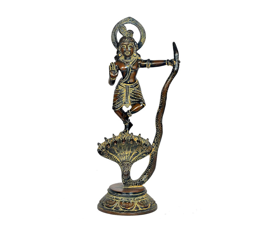 Brass Krishna Bhagwan Murti Dancing on Kaliya Naag - Religious Statue for Home Temple Pooja Mandir Office Decor (Height 13 Inch) Craft Detail
