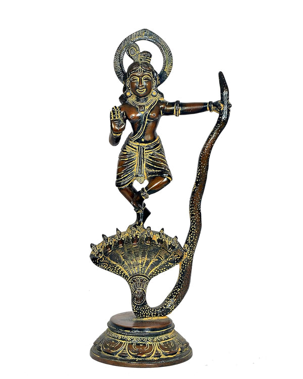 Brass Krishna Bhagwan Murti Dancing on Kaliya Naag - Religious Statue for Home Temple Pooja Mandir Office Decor (Height 13 Inch)