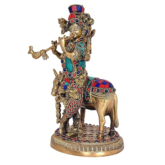Brass Govinda with Cow Idol (Height: 9.25 inches)