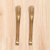 Golden brass door pull handle pair with engraved long backplates on panel.