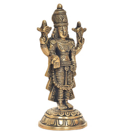 Brass Tirupati Balaji idol statue, three-quarter view, engraved face and crown details