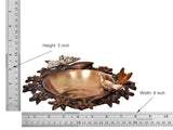 Brass decorative urli bowl dimensions: 8 inch wide, 3 inch high, bird-butterfly rim