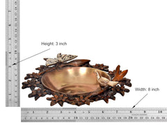 Brass decorative urli bowl dimensions: 8 inch wide, 3 inch high, bird-butterfly rim
