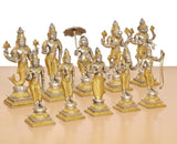 Brass Vishnu Dashavatara idol set with multiple standing figures on raised bases