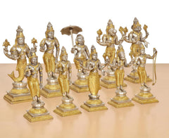 Brass Vishnu Dashavatara idol set with multiple standing figures on raised bases