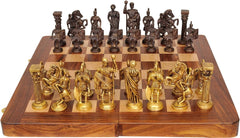Roman chess pieces in brass and dark tones arranged on a wooden chessboard