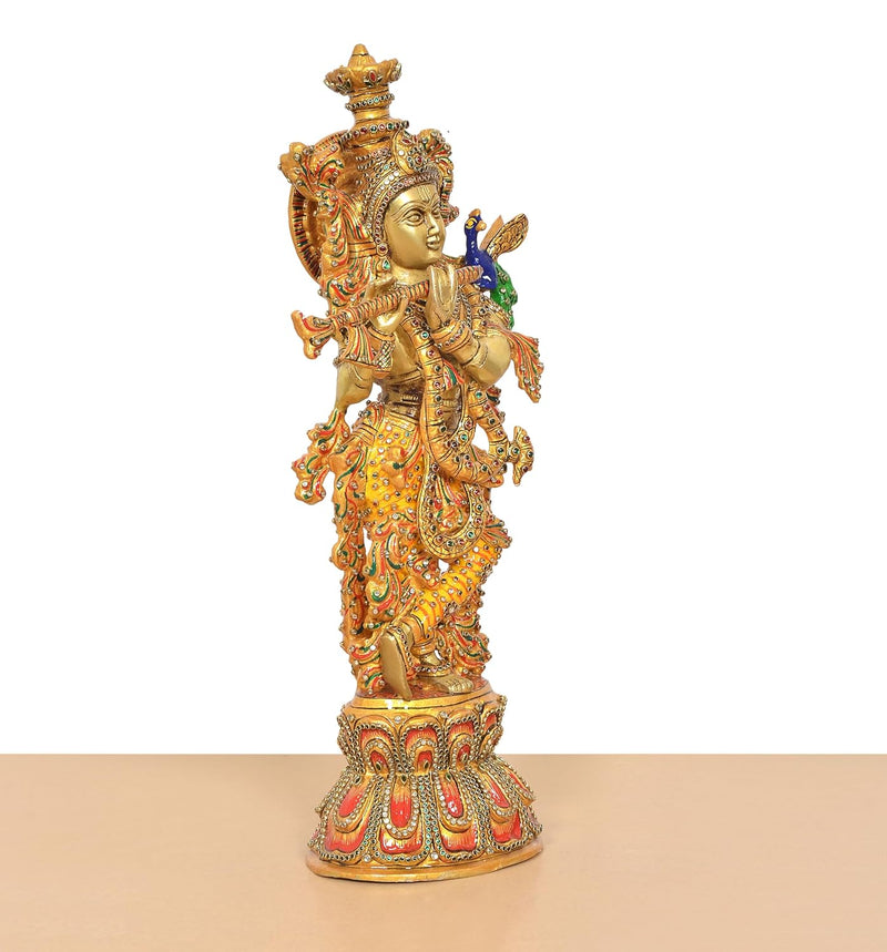 Handcrafted Brass Krishna Idol with Flute and Peacock Feather (Height 18 Inch)