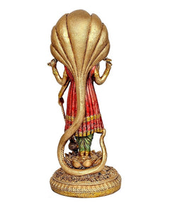 Resin Vishnu statue back view, large textured gold halo, red robe accents and lotus base