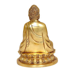 Back view of brass Buddha statue seated on base, 8-inch height