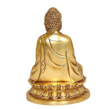 Gold Buddha back view on lotus base, textured hair and flowing robe details