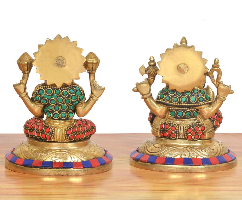 Brass Lakshmi Ganesha Statue - Handcrafted (Height: 5 Inch)