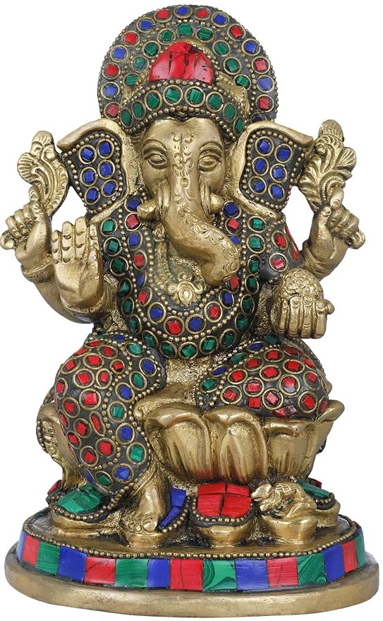 Brass Ganesh on Trunk Abstract Idol Ganesha Bhagwan Statue Murti Decorated in Multicolor Ganpati for Home Office Entrance Decor Good Luck Height 8 Inch