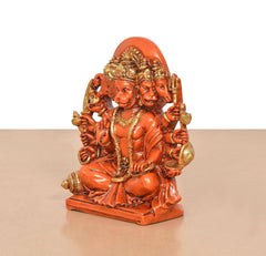 Orange Panchmukhi Hanuman resin idol, side view, seated figure with five faces