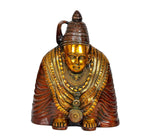 Tulja Bhavani brass statue, front view with gold face, beaded jewelry, brown dress