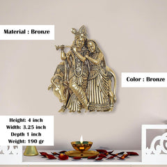 Bronze Radha-Krishna with cow sculpture; 4 inch height, intricate jewelry and garments
