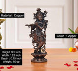 Copper Krishna playing flute murti, front view with detailed torso and crown.