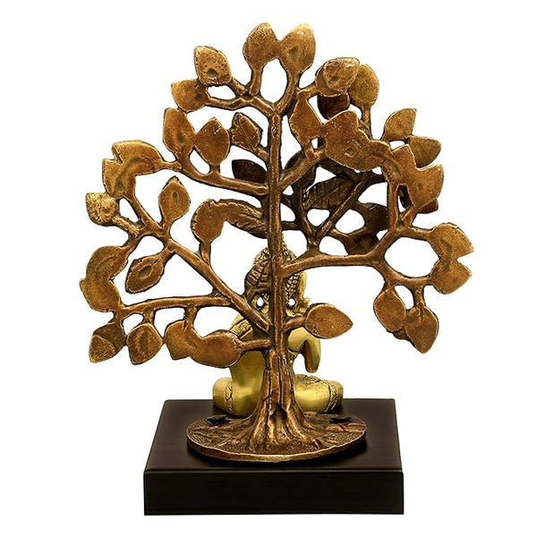Brass Buddha Idol under the Tree on wooden base (Height 7.5 Inches) Study Setting