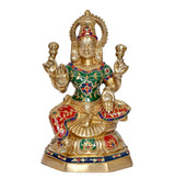 Brass Lakshmi idol statue front view with arched halo and colorful jeweled dress