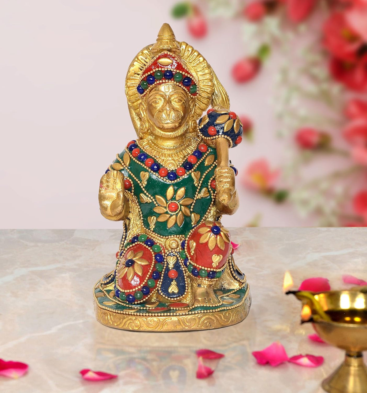 Hanumanji seated brass idol with jeweled crown and multicolor painted attire