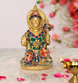 Hanumanji seated brass idol with jeweled crown and multicolor painted attire