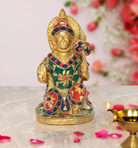 Hanumanji seated brass idol with jeweled crown and multicolor painted attire