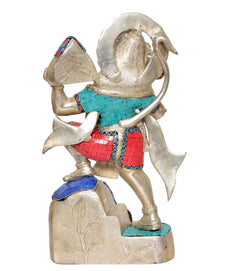 Brass Hanuman idol statue side view, gold-toned base with blue red teal tiles