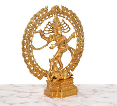 Side view brass Shiva Nataraj dancing figure with ornate ring and seated base figure
